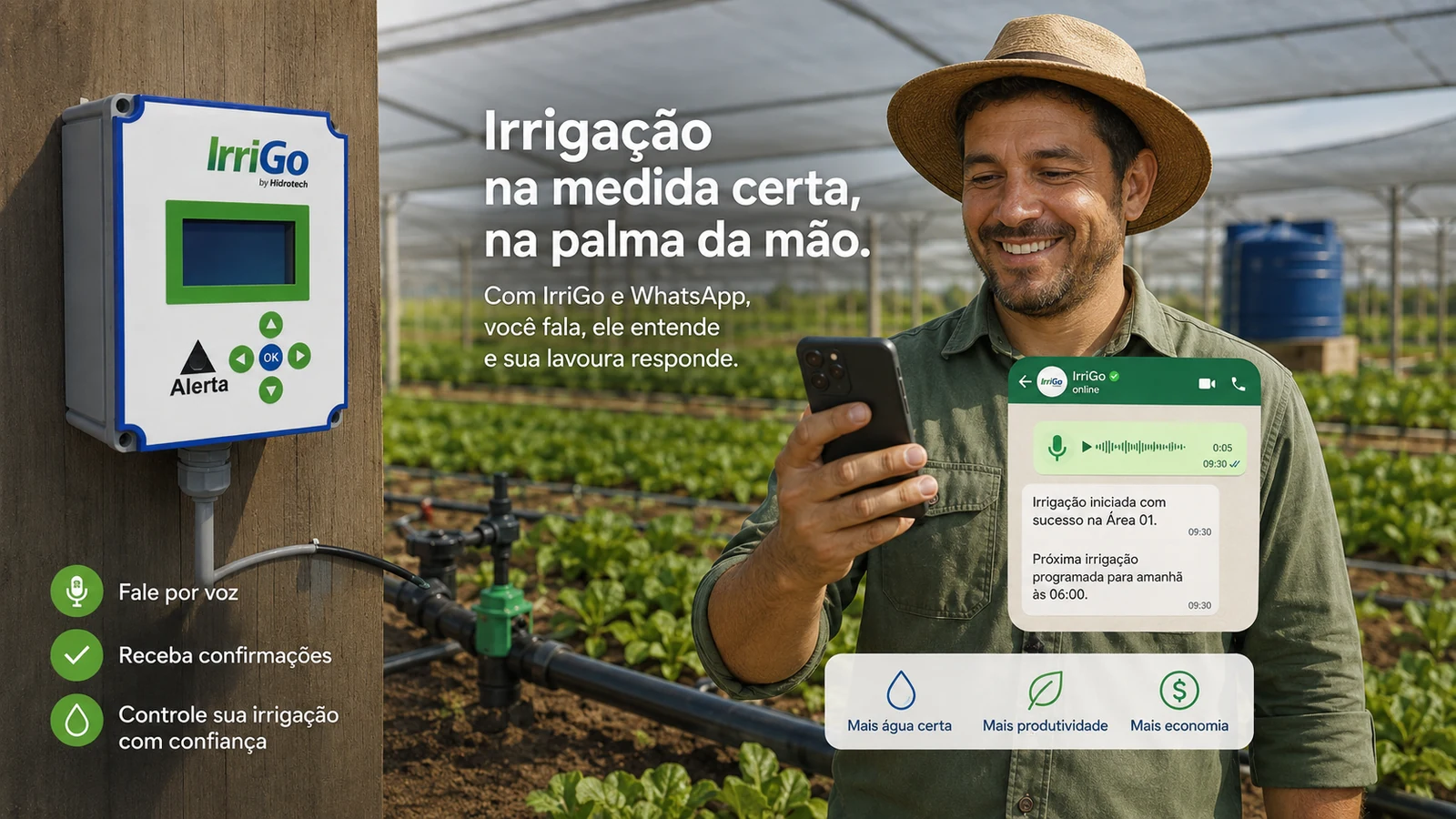 Produtor interagindo com o IrriGo pelo WhatsApp